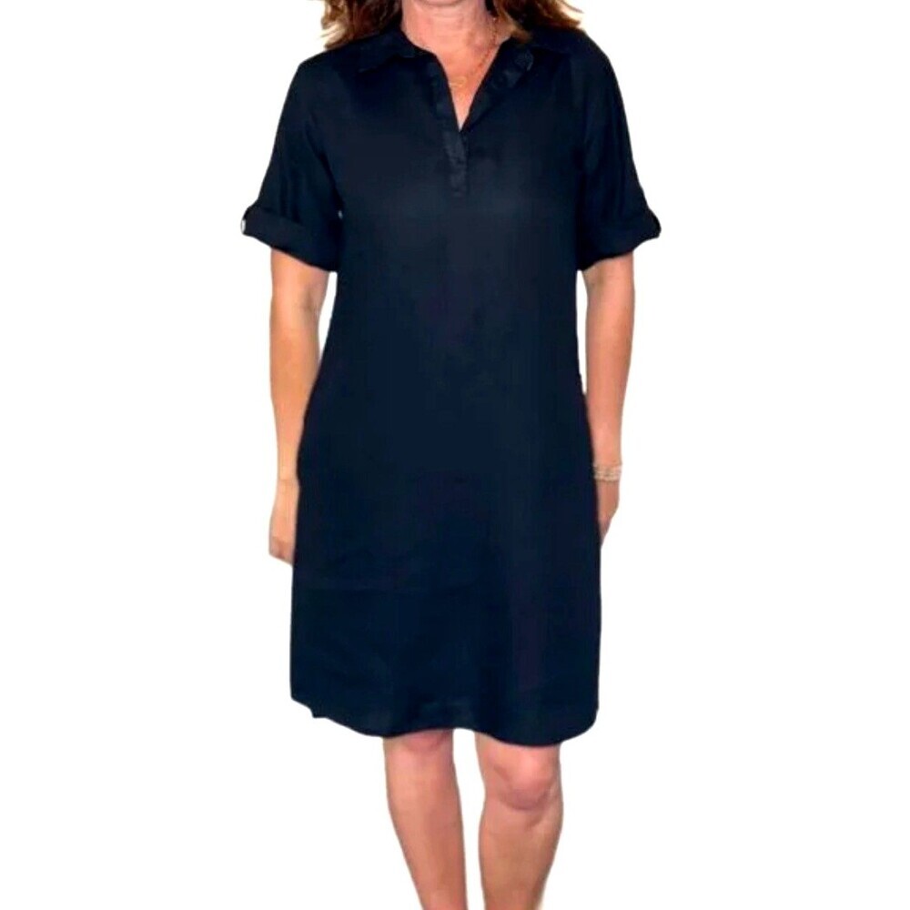 Pure Amici Women Black Sz S Roll Tab Sleeve V Neck Shirt Dress Collared Rayon